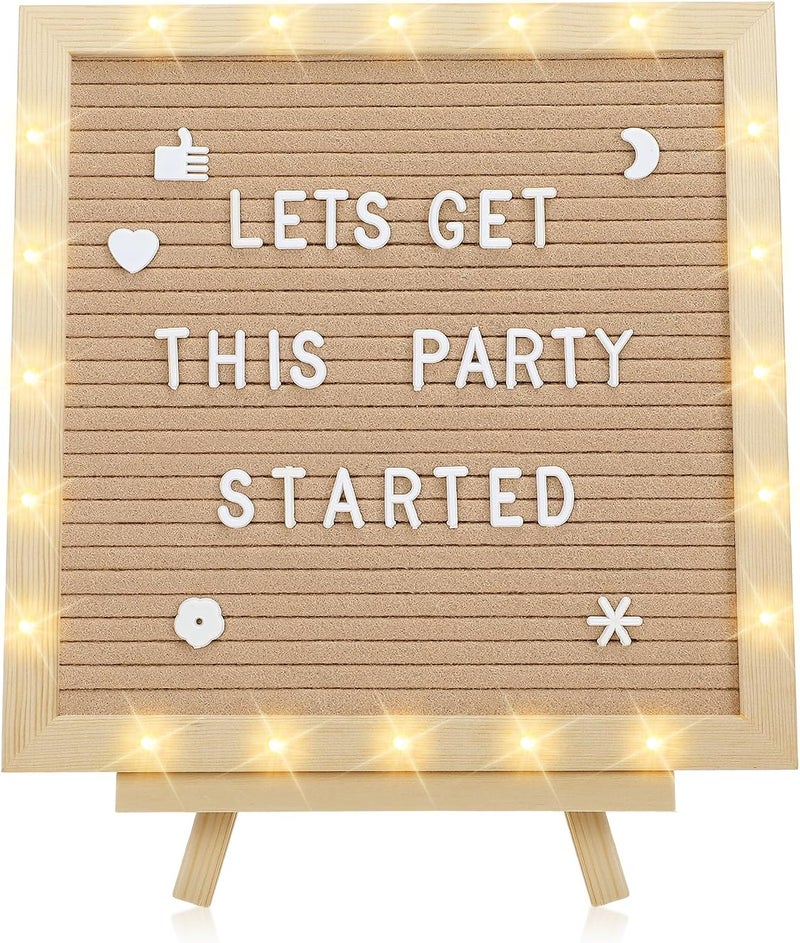ANPHSIN Changeable Felt Letter Board with LED Lights - 10×10" Message Custom Signs & Wood Stand & 450 Letters, Poster Board for Valentine's Day/Baby/Pregnancy Announcement/Classroom Wall Decor Gifts, Camel - Image 1